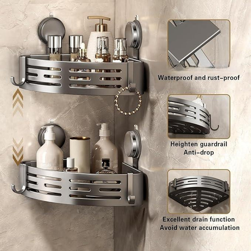 3-Pack Gun Gray Plastic Triangle Suction Cup Shower Caddy 3-Tier Corner Shelves No Drilling Bathroom Storage Rack 40Lbs Load Capacity with 6 Towel Bar Hooks