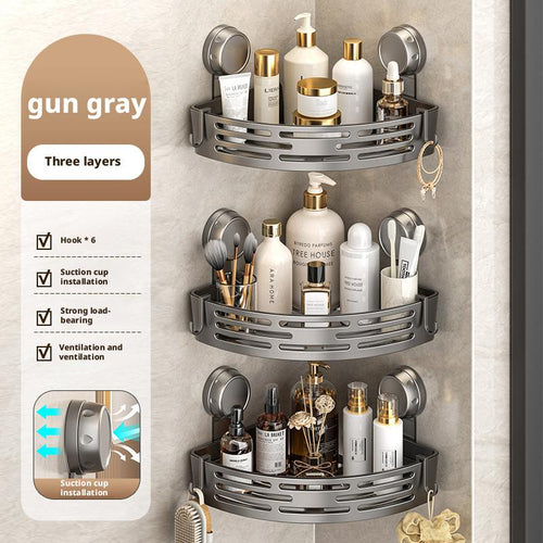 3-Pack Gun Gray Plastic Triangle Suction Cup Shower Caddy 3-Tier Corner Shelves No Drilling Bathroom Storage Rack 40Lbs Load Capacity with 6 Towel Bar Hooks